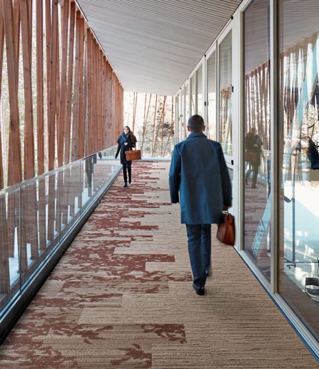 Interface Glazing and Progression II plank carpet tile in corridor with windows lining one side