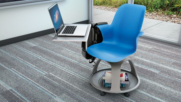 Interface Ground Waves plank carpet tile in classroom with blue desk chair combination