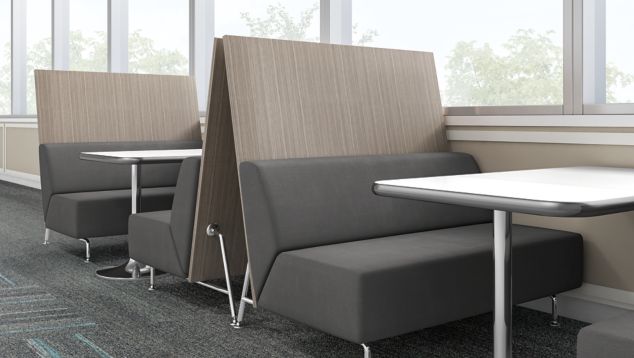 Interface Harmonize and Ground Waves plank carpet tile in cafe area with gray booths