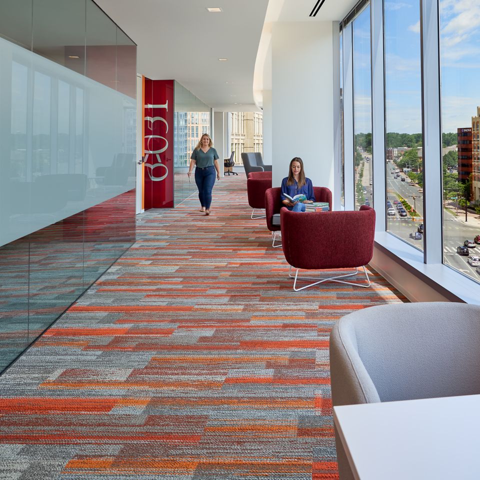 Interface Aerial Flying Colors AE315 plank carpet tile in corridor