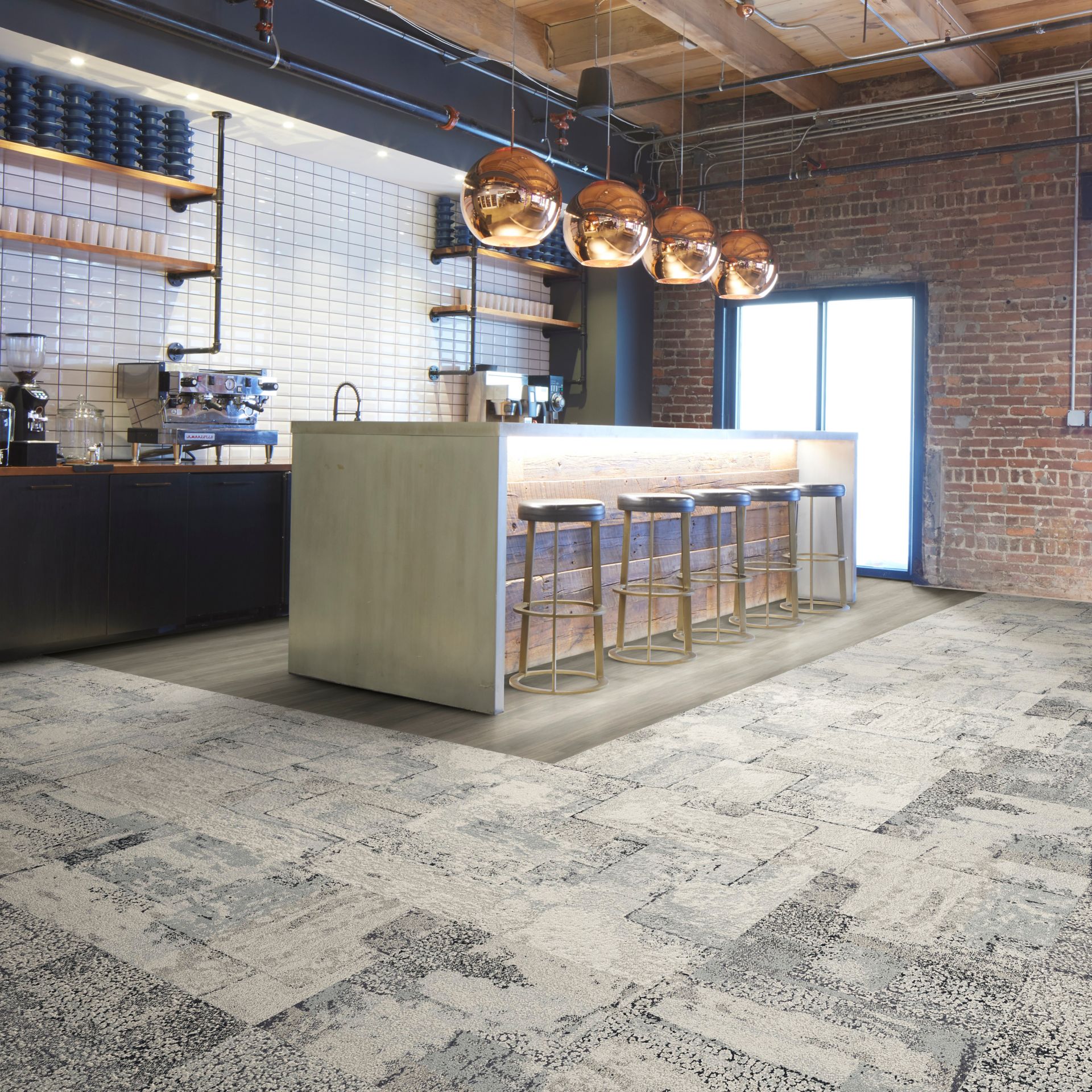 Interface Daybreak, Sun Between and Early Light carpet tile with Interface plank LVT in workplace break area