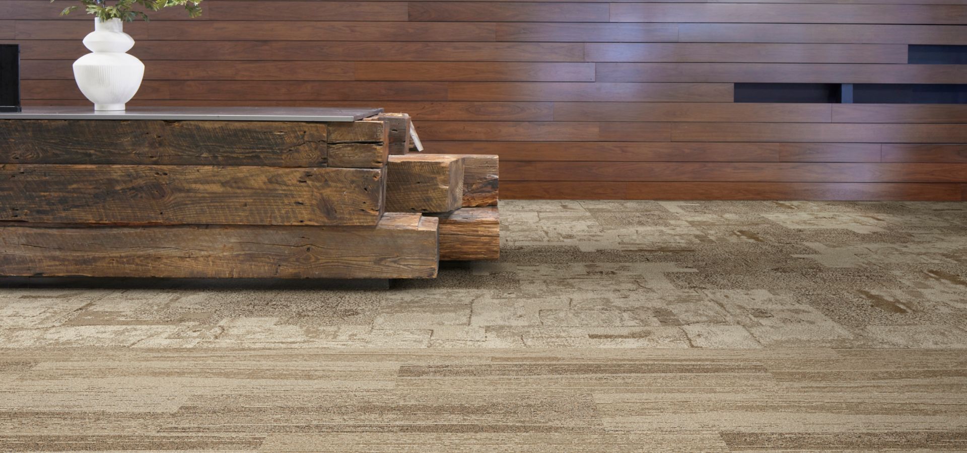 Interface Light Trace plank carpet tile with HR Blends carpet tile in reception area