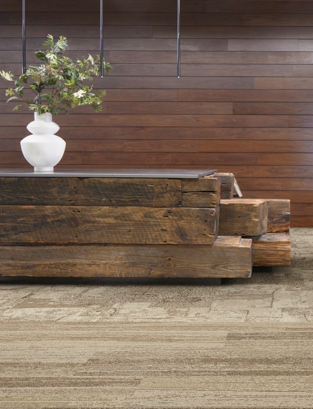 Interface Light Trace plank carpet tile with HR Blends carpet tile in reception area
