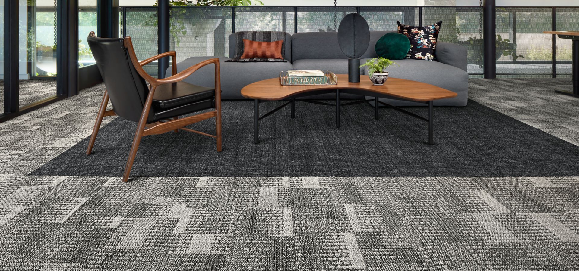 Interface Diddley Dot and Dot O-Mine plank carpet tile in lobby