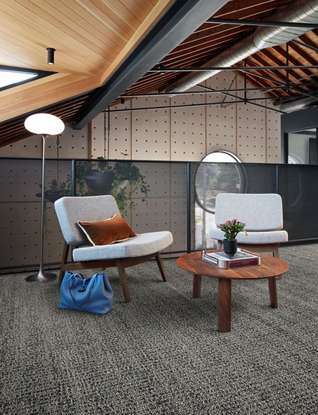 Interface Diddley Dot plank carpet tile in lobby