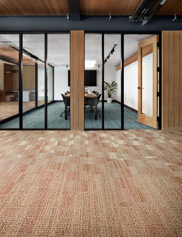 Interface Dot 2 Dot, Dot O-Mine and Diddley Dot plank carpet tile in meeting room