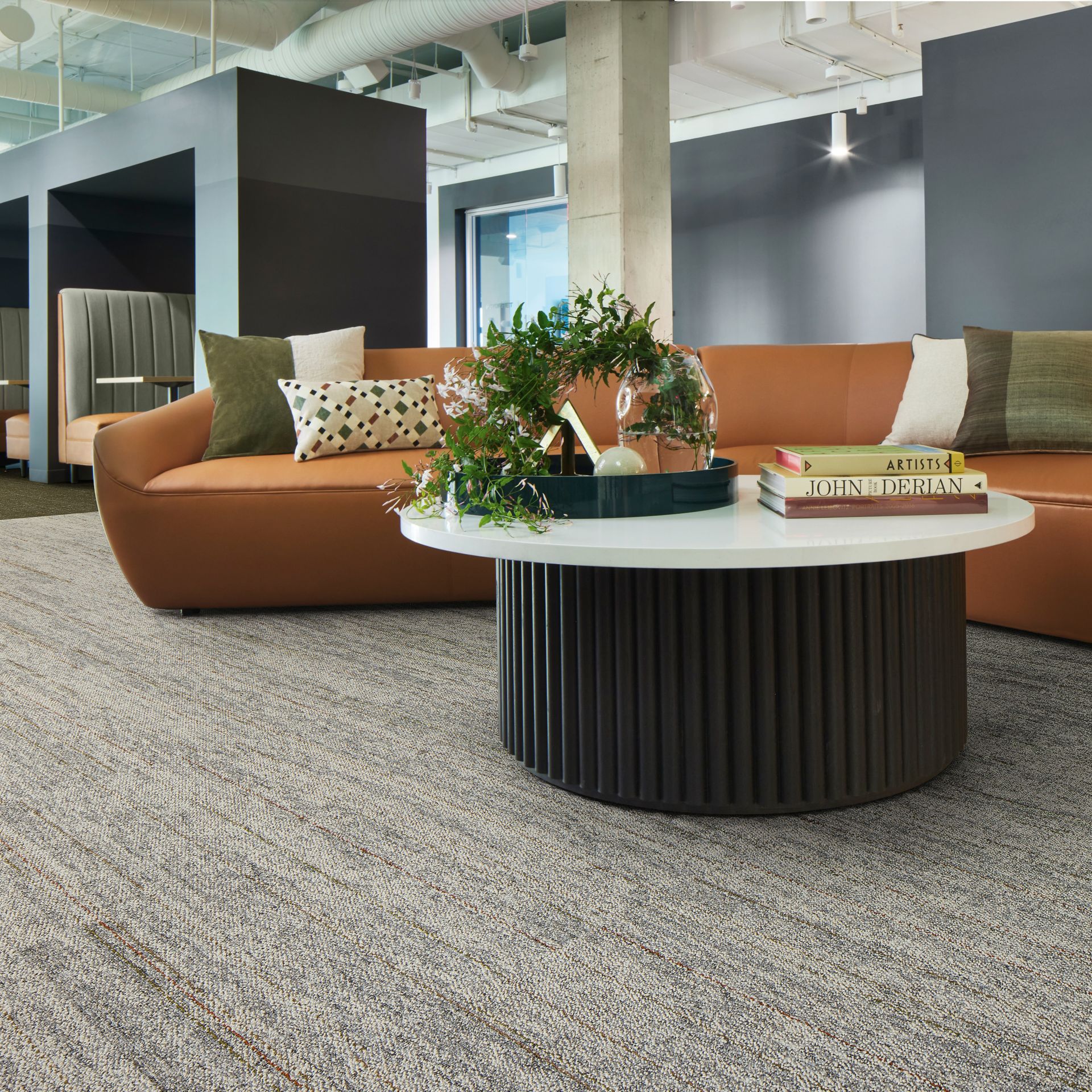 Open Air 402 Stria and Open Ended carpet tile in office lobby setting