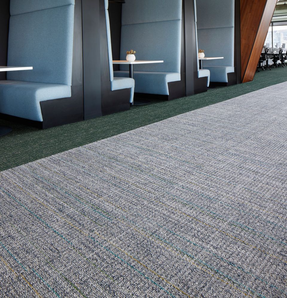 Interface Open Air 401 Stria and Open Ended plank carpet tile in office lobby