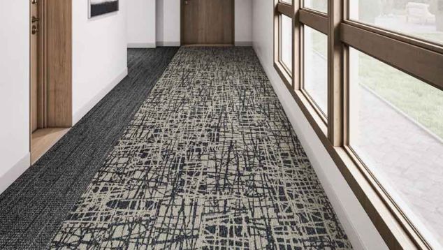 Interface WE153 and WW870 plank carpet tile in a hallway setting