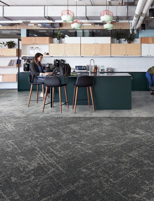 CARPET: Ice Breaker, Quarry LVT: Level Set Textured Stones, Cool Polished Cement, Non Directional 