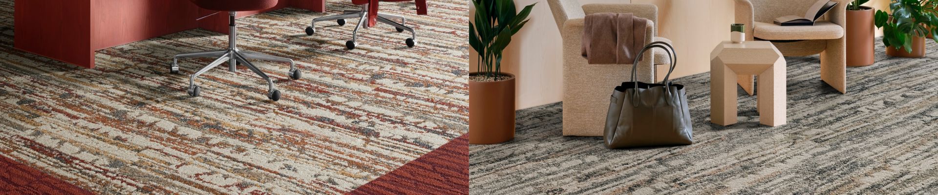 Web graphic featuring Forest Within carpet tile room scenes from Interface