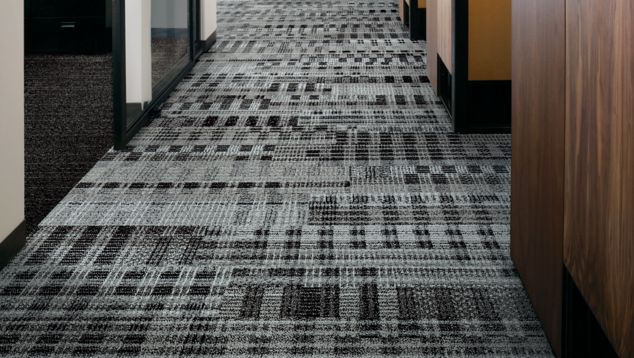 Interface Loom of Life and Tangled & Taut plank carpet tile in walkway with wooden cubicles