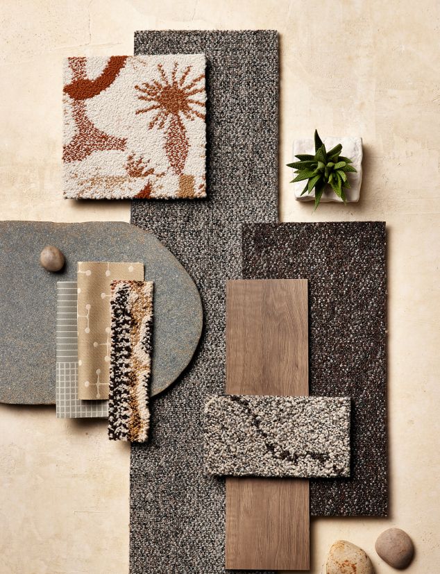 Tabletop palette of Interface Lost Palms carpet tile collection with Northern Grain LVT and FLOR carpet tile