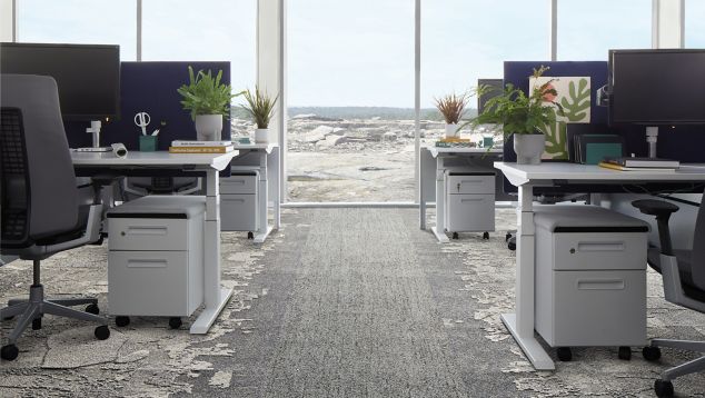 Interface Mantle Rock plank carpet tile and Bridge Creek and Mountain Rock carpet tile in open office area