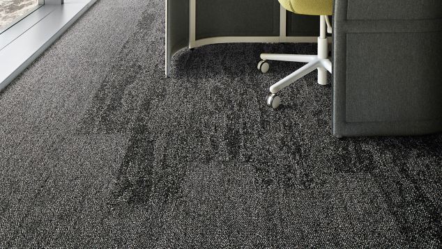 Interface Rock Springs and Mantle Rock plank carpet tile in small cubicle