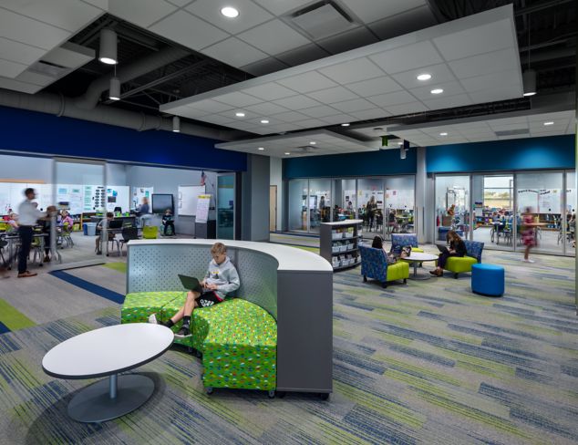Interface Ground Waves Verse, Harmonize and On Line plank carpet tile in K-12 open classroom