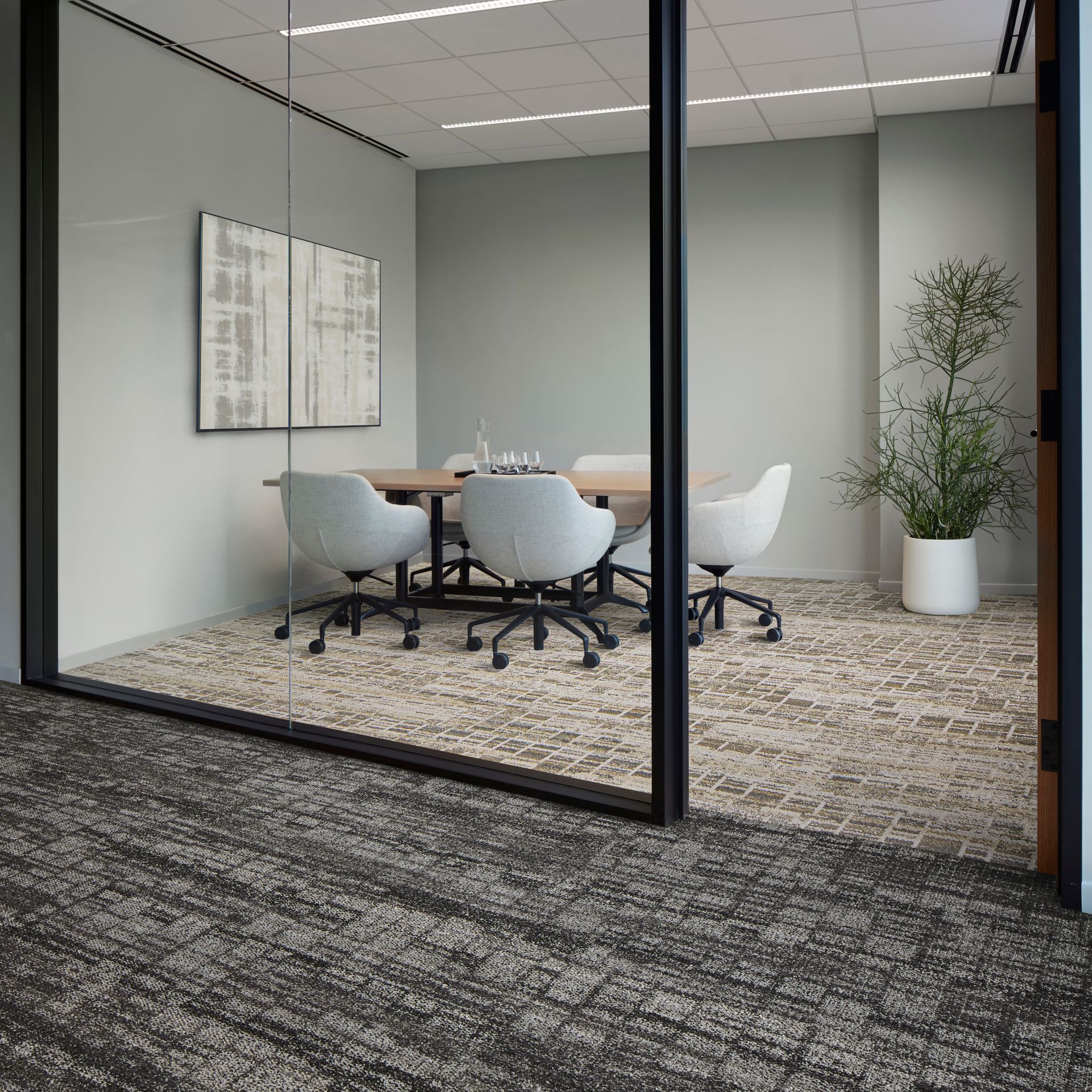 Interface Reflective Sky and Skylights plank carpet tile in office corridor and meeting space