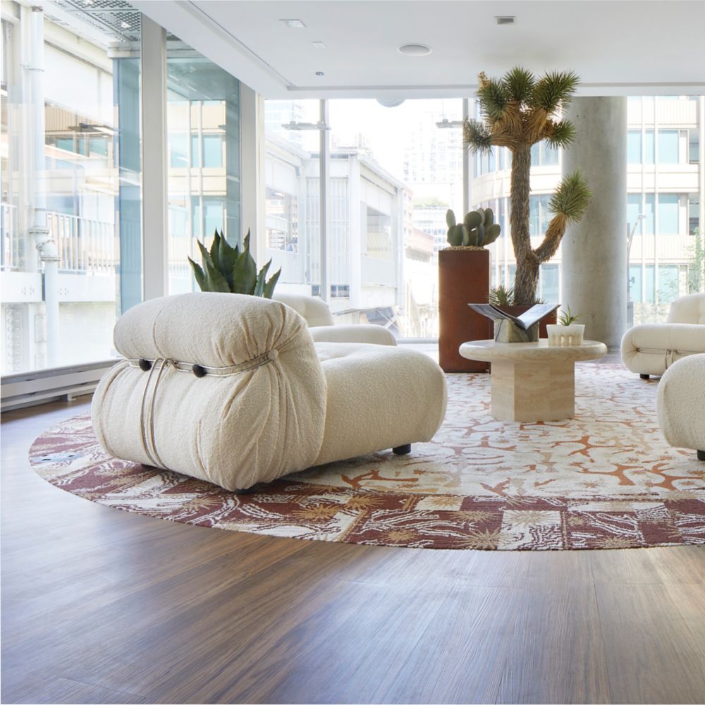 FLOR Valley View and Yucca Tree carpet tile rug over Interface Natural Woodgrains LVT in lobby