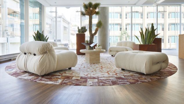 FLOR Valley View and Yucca Tree carpet tile rug over Interface Natural Woodgrains LVT in lobby