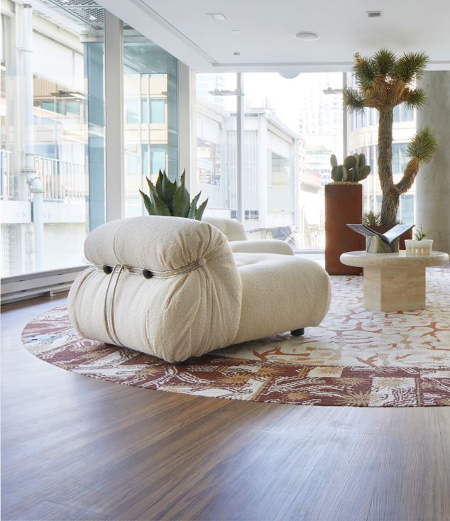 FLOR Valley View and Yucca Tree carpet tile rug over Interface Natural Woodgrains LVT in lobby