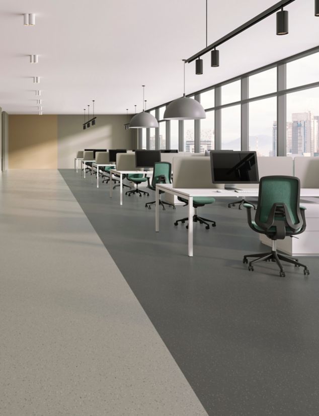 nora by Interface noraplan stone reflection breaking rubber flooring in open office workspace