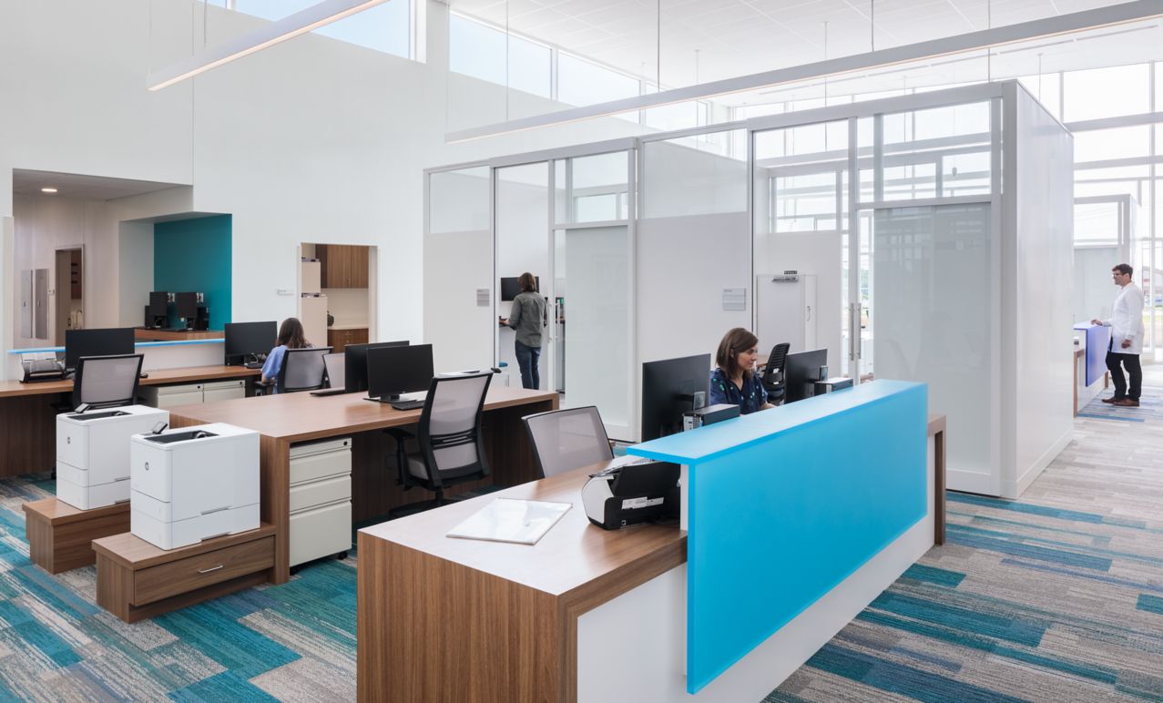 Administrative space in a hospital with Interface carpet tiles AE311, AE315 and AE317