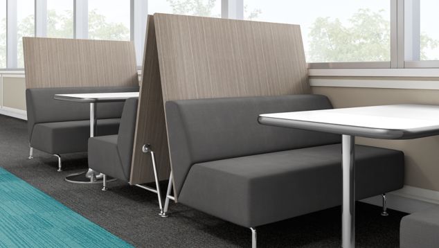 Interface On Line plank carpet tile in dining area with multiple grey booths