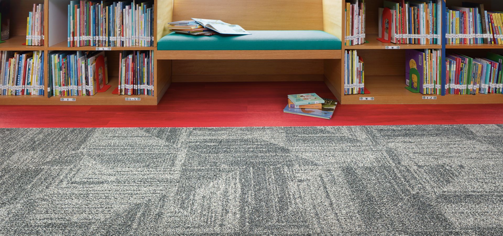 Interface Open Air 403 carpet tile in library with reading bench and childrens books