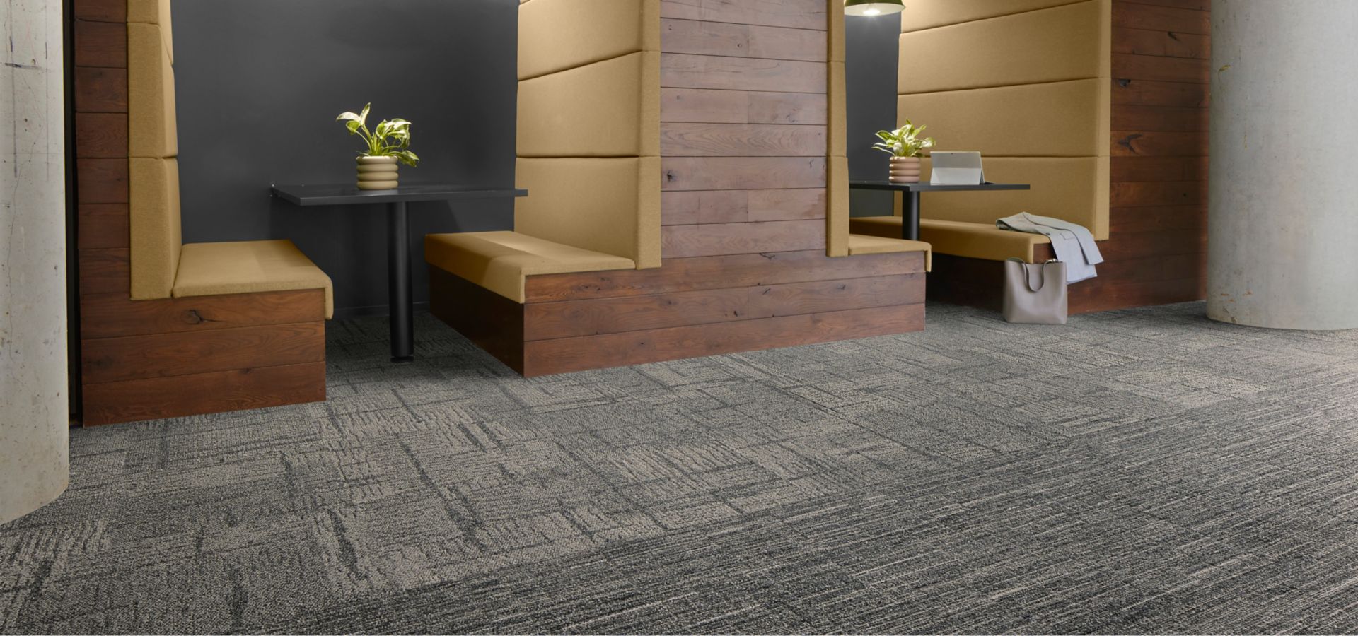 Interface Cornerstones carpet tile with Comes Around plank carpet tile in collaborative space