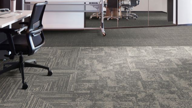 Interface Open Air 401 plank carpet tile in office space with rolling whiteboard and meeting room in background