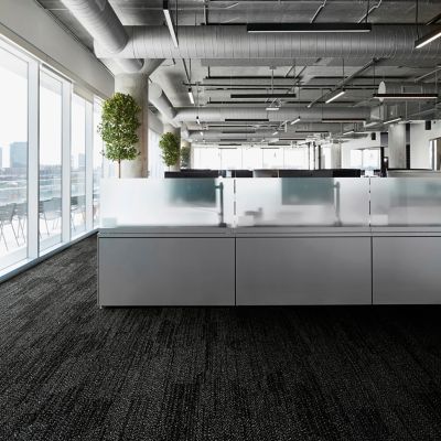Interface Open Air 408 plank carpet tile in open workstations with frosted glass dividers