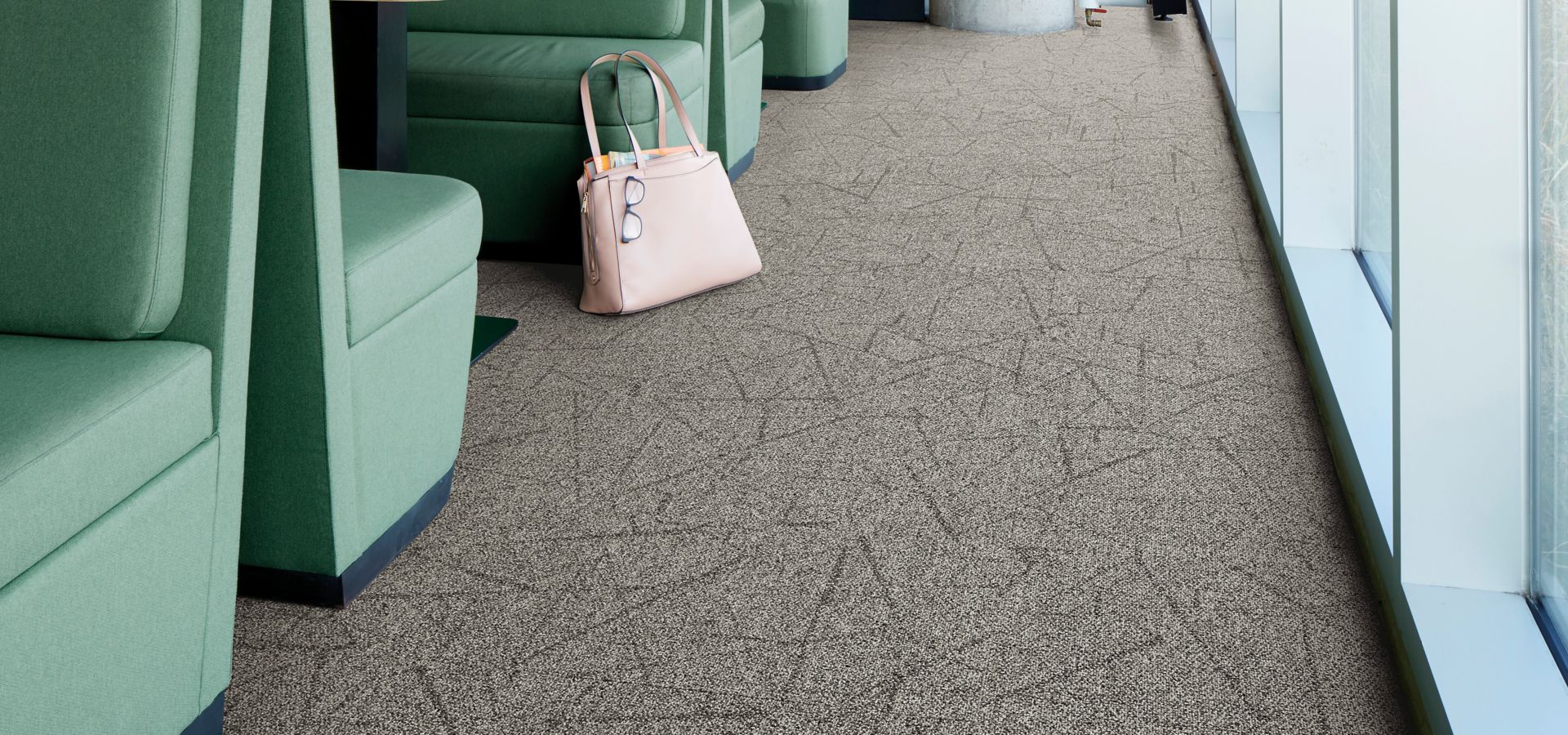 Interface Open Air 420 carpet tile in dining area with multiple green booths