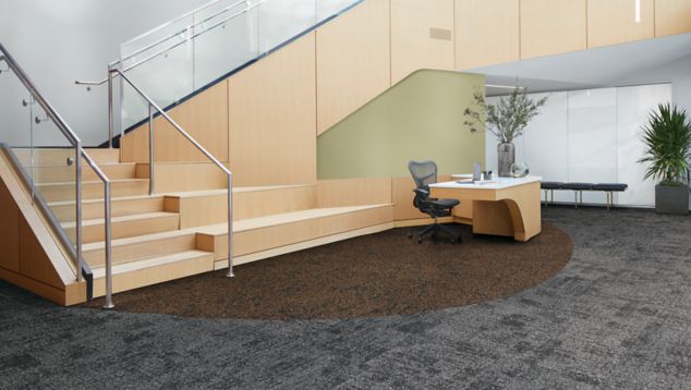 Interface Perfect Pair and Peas in a Pod carpet tile in lobby with reception desk and stairs