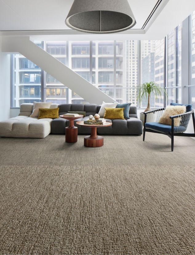 Interface Obligato and Diminuendo plank carpet tile in seating area