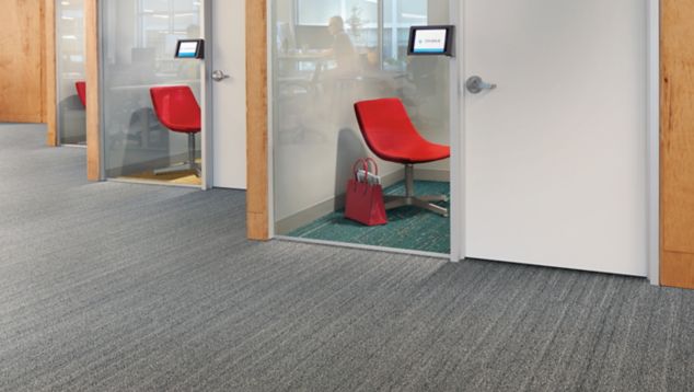 Interface Plain Stitch and Circuit Board plank carpet tile in area with multiple private rooms
