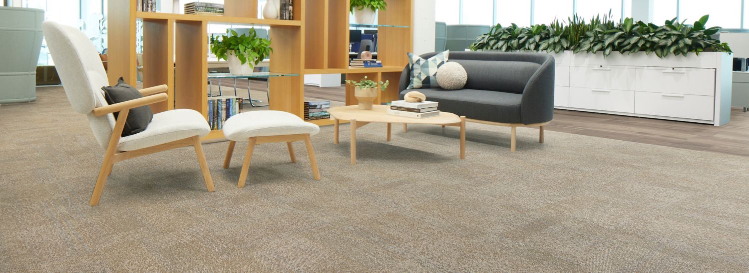 Interface Pressed for Time carpet tile with Northern Grain LVT in workplace lobby