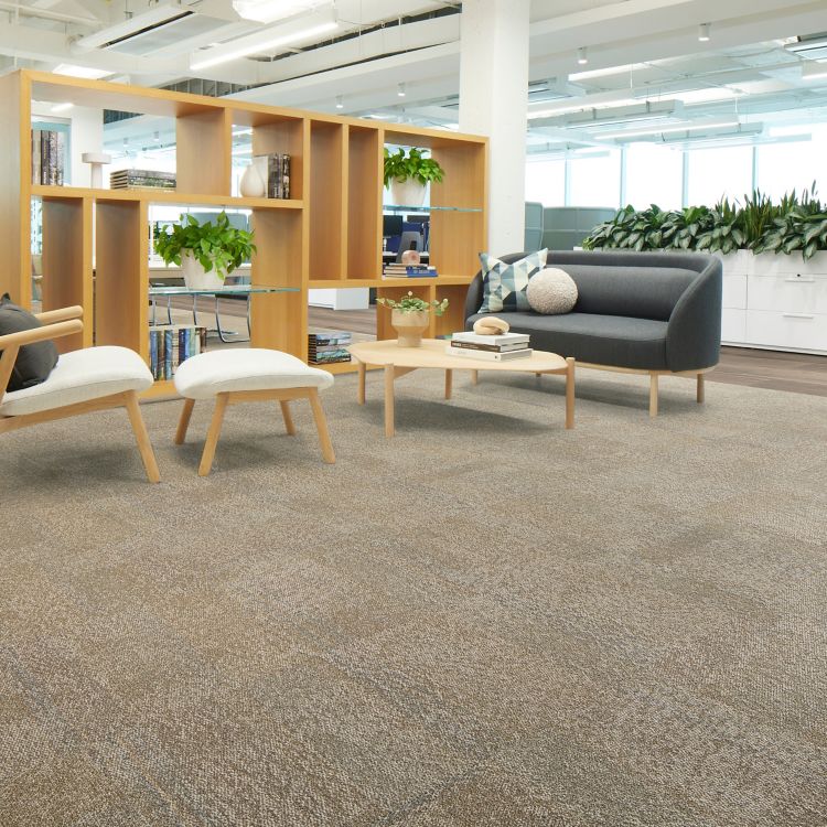 Interface Pressed for Time carpet tile with Northern Grain LVT in workplace lobby