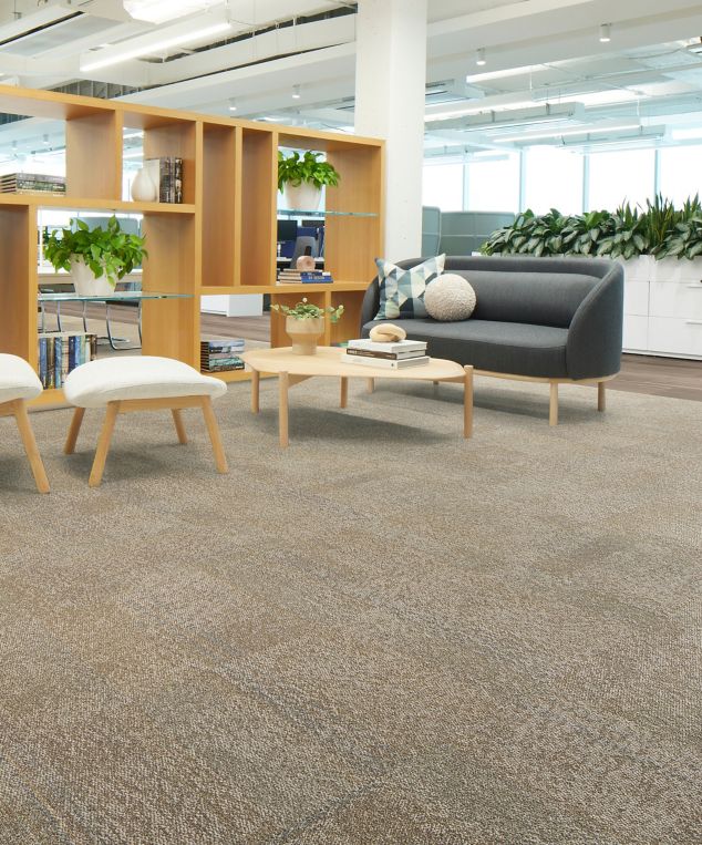 Interface Pressed for Time carpet tile with Northern Grain LVT in workplace lobby