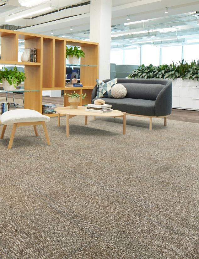 Interface Pressed for Time carpet tile with Northern Grain LVT in workplace lobby