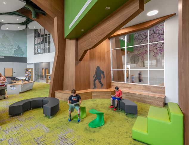 Interface carpet tile in K-12 library set as a forest scene