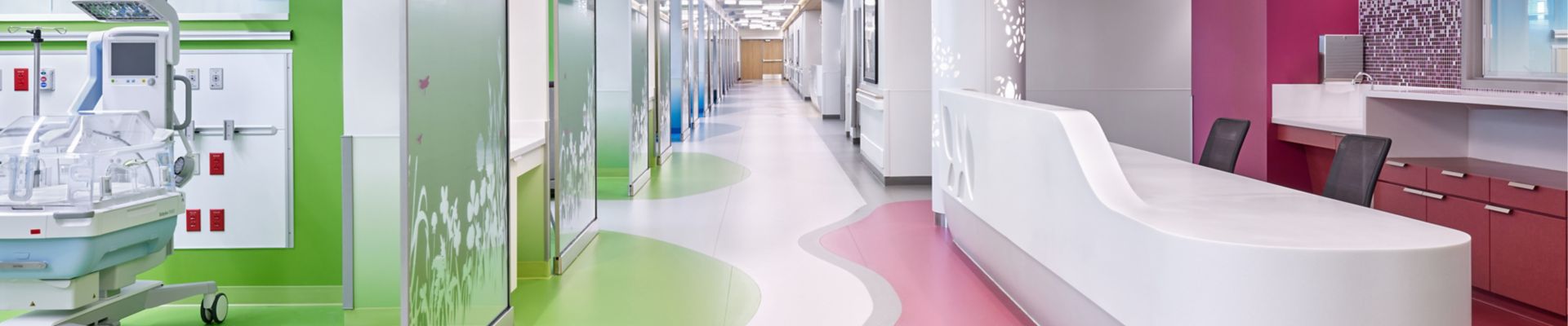 nora by Interface noraplan sentica and noraplan environcare rubber flooring in NICU nurse's station, corridor and treatment room