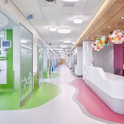 nora by Interface noraplan sentica and noraplan environcare rubber flooring in NICU nurse's station, corridor and treatment room