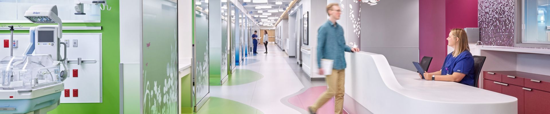 ora by Interface noraplan sentica and noraplan environcare rubber flooring in NICU corridor, nurse’s station and treatment room