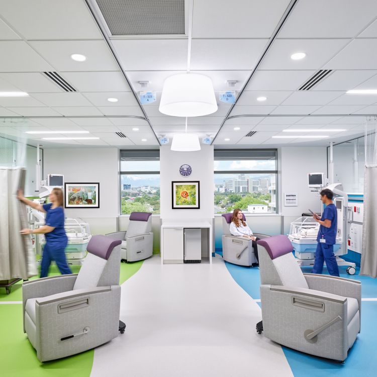 nora by Interface noraplan sentica and noraplan environcare rubber flooring in NICU treatment room