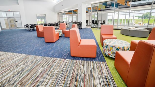 Interface Video Spectrum and Circuit Board plank carpet tile in K-12 library