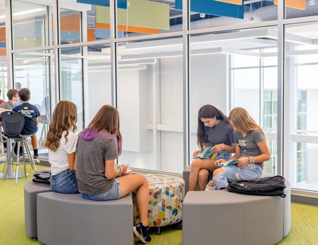 Interface Circuit Board plank carpet tile in K-12 library with students sitting in a circle