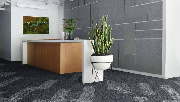 Interface Rockland Road, Rock Springs and Mantle Rock plank carpet tile in office lobby with large plant