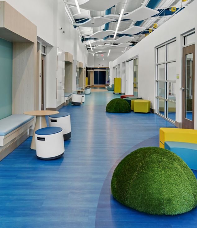 Interface Studio Set plank LVT In K-12 corridor with biophilic elements