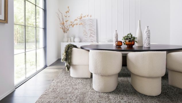 FLOR Savoir Faire carpet tile in dining area with natural light