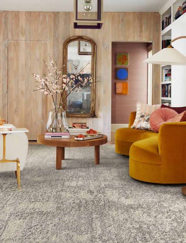 FLOR Savoir Faire carpet tile in study with chairs and tables